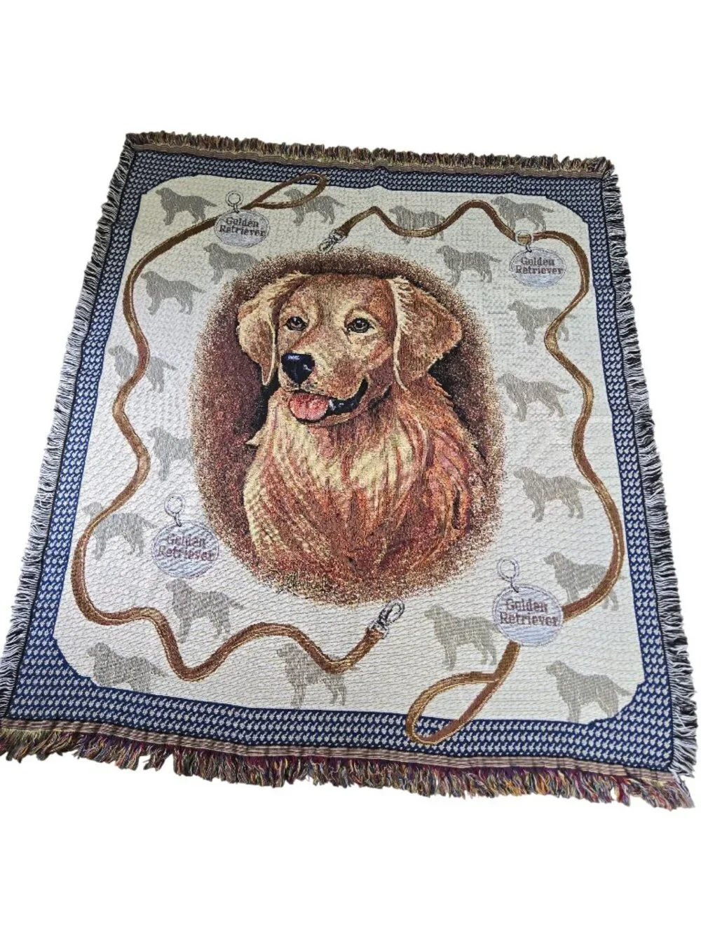 Golden Retriever Tapestry Throw Blanket Woven Design Fringed Edges Dog Lover Gif